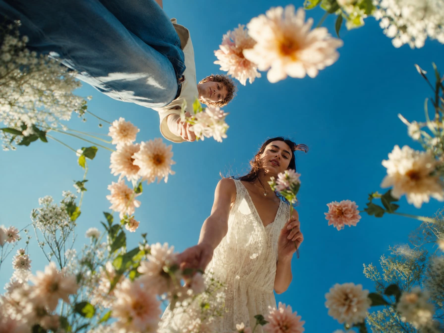 OpenArt low-angle floral cinematic still frame