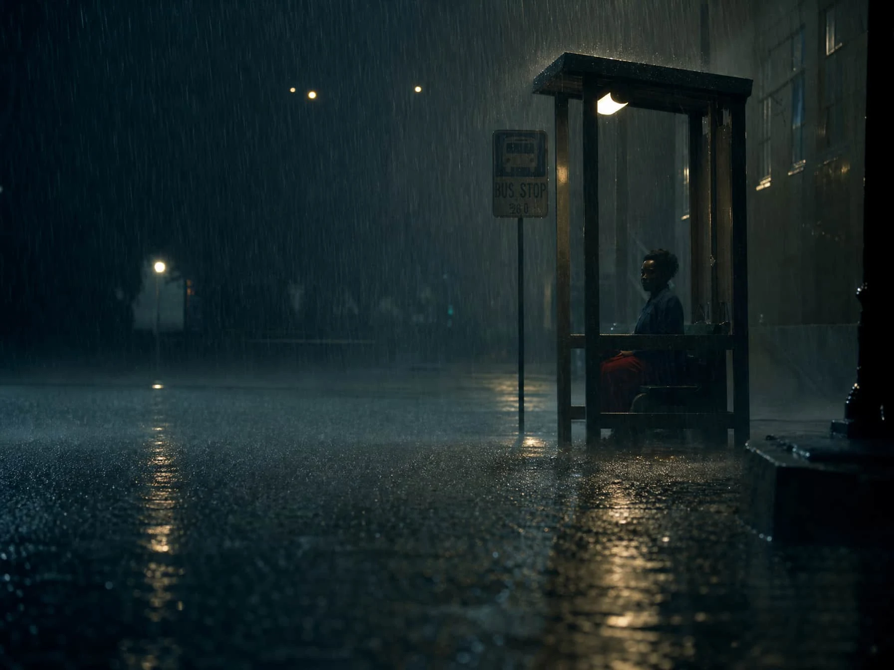 OpenArt rainy bus stop cinematic still frame