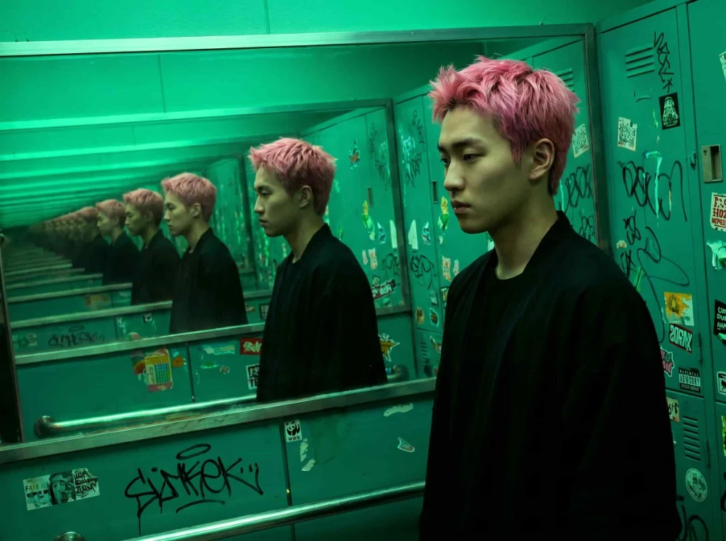 OpenArt mirrored pink hair portrait still frame